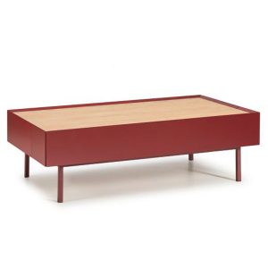 MESA DE CENTRO ARISTA ESTUCTURA ROJO, TAPA DE CHAPA DE ROBLE